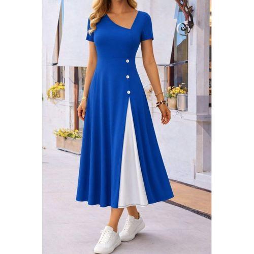 Kadın Kısa Kollu Asimetrik Yakalı Düğme Detaylı Midi Viskon Elbise