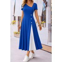 Kadın Kısa Kollu Asimetrik Yakalı Düğme Detaylı Midi Viskon Elbise