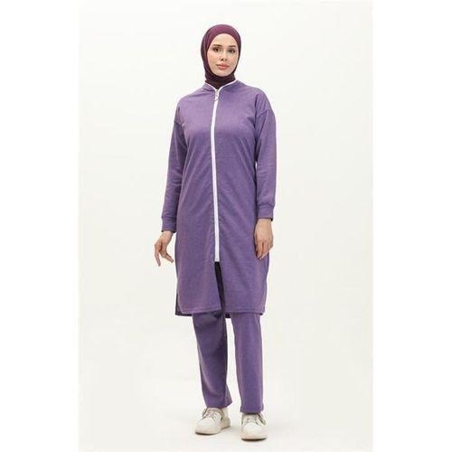 Bisiklet Yaka Fermuarlı Uzun Tunik Sade Basic Spor Takımı - 03044.207 - Koyu Lila