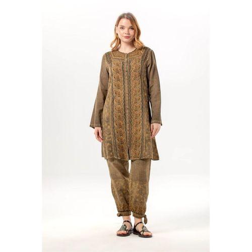 Uzun Katlanabilir Kol İnka Düğmeli Yazlık Otantik Nakışlı Poplin Tunik Toprak Tprk