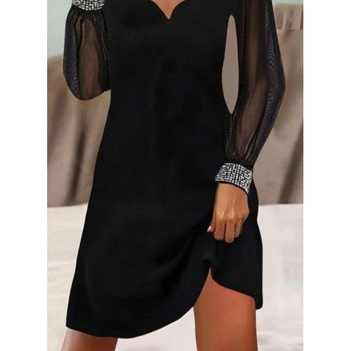 Kadın Uzun Kollu V Yaka Lazer Kesimli Tül Detaylı Mini Ithal Krep Elbise