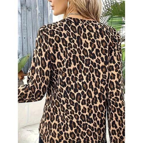 Kadın Uzun Kollu önden Fermuarlı Leopar Desenli Modal Bluz