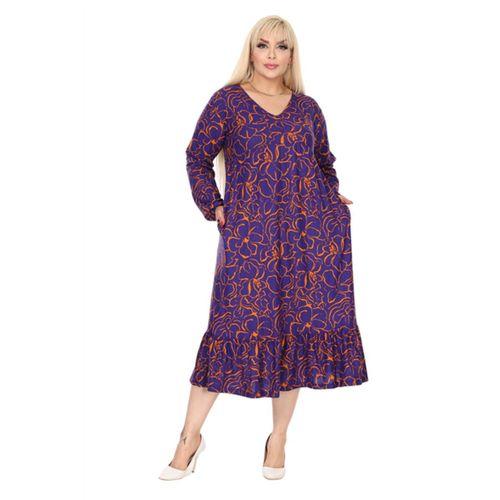 Melsay Butik Kışlık Robalı Yumoş Uzun Kollu Mor Çiçek Desenli Elbise