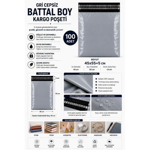 Gri Cepsiz Battal Boy Kargo Poşeti 45x55+5 Cm 100 Adet