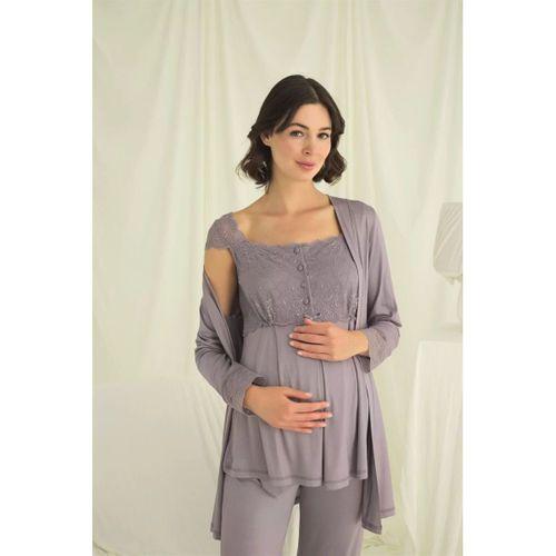 Dantelli Önü Düğmeli Hamile Lohusa 3'lü Pijama Takımı