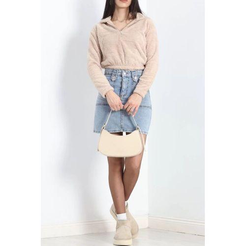 pilelistore Fermuarlı Crop Peluş Sweat Bej