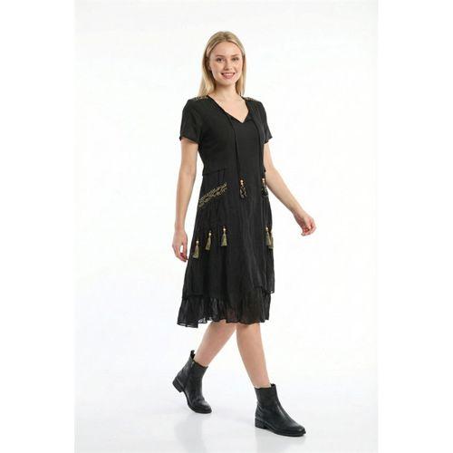Kısa Kol Nil Vual Diz Boyu Çift Cepli Nakışlı Yazlık Elbise Siyah Syh