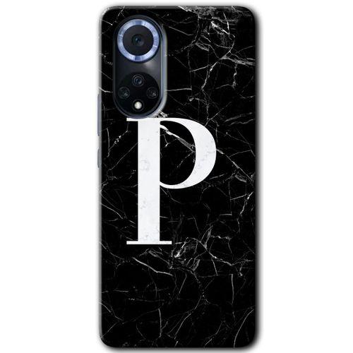 MRCİLETİSİM Huawei Nova 9 Kılıf HD Desen Baskılı Arka Kapak+Temperli Cam - Siyah Mermer Desenli P Harfi