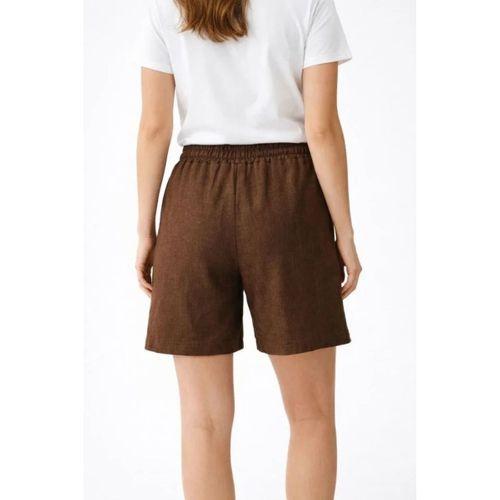 Keten Kumaş Cepli Rahat Kesim Bel Lastikli Şort - Kahverengi