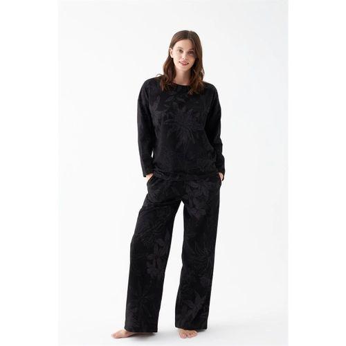 Kadın Oversize Siyah Çiçek Desenli Pamuklu Kalın Pijama Takımı