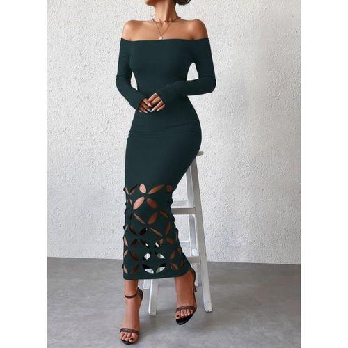 Kadın Madonna Yaka Uzun Kollu Lazer çiçek Kesim Detaylı Uzun Ithal Krep Elbise