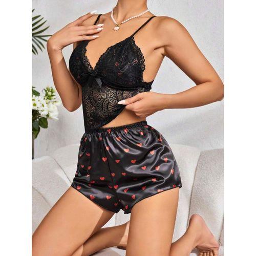 Kadın Siyah Kırmızı Kalp Desenli Saten Şort Pijama Takımı 2232