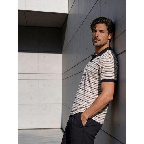 Gert Relaxed Fit Çizgili Pike Kumaş V Pat Polo Yaka T-Shirt - Siyah