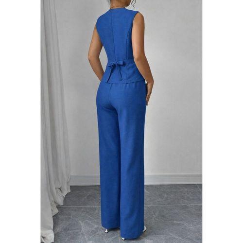 Kadın Askılı önden Düğmeli Bluz Ve Pantolon Keten Ikili Takım