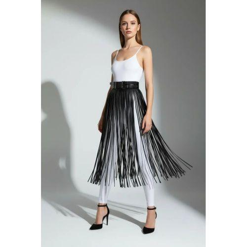 Siyah Etek Deri Uzun İnce Şerit Detaylı Etek - Brf1090