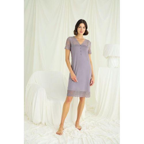 Yakası Kolu Ve Omzu Ve Eteği Dantelli Önü Düğmeli Gecelik