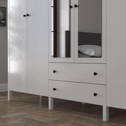 Venezia 6 Kapak 2 Çekmece Aynalı Ahşap Ayaklı Gardırop 240 Cm Genişlik - Minifiks - Wood Beyaz