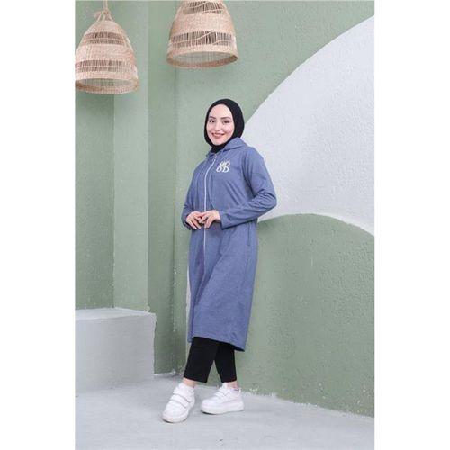 Yazı Baskılı Fermuarlı Kapşonlu Uzun Sweat - 03081.006 - İndigo
