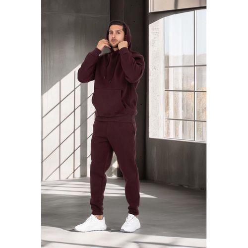 Şardonlu Kanguru Cepli Sweatshirt - 3 İplik Şardonlu Lastik Paça Erkek Eşofman Altı- Eşofman Takımı - Bordo