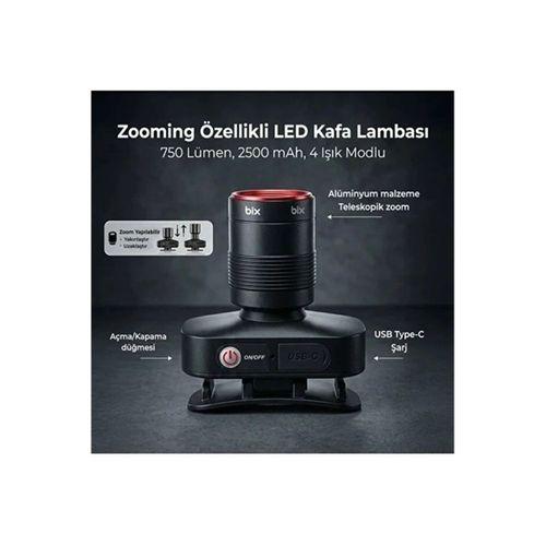 Bxt1fl 10w Şarj Edilebilir Kafa Feneri 750 Lümen 2500mah 4 Işık Modlu Zoom Özellikli Led Kafa