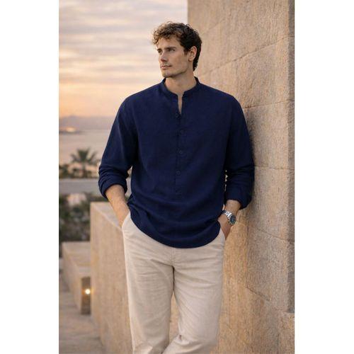 Hafif ve Nefes Alabilir Erkek Müslin Yarım Pat Hakim Yaka Oversize Gömlek - Lacivert