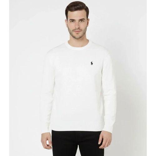 Erkek Bisiklet Yaka Nakış Işlemeli Triko Kazak Yumuşak Dokulu Pamuklu Ince Dokuma, Uzun Kollu Rahat Regular Kalıp - Beyaz