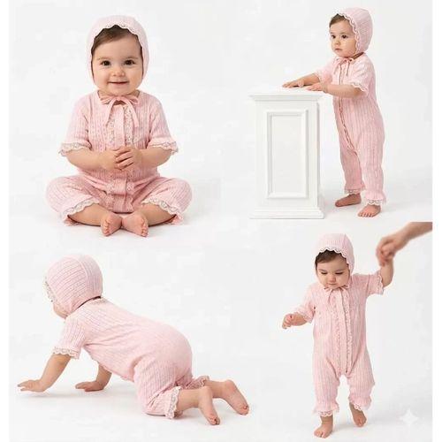 3/12 Ay Şapkalı Dantelli Jakar Kumaş Bebek Tulumu