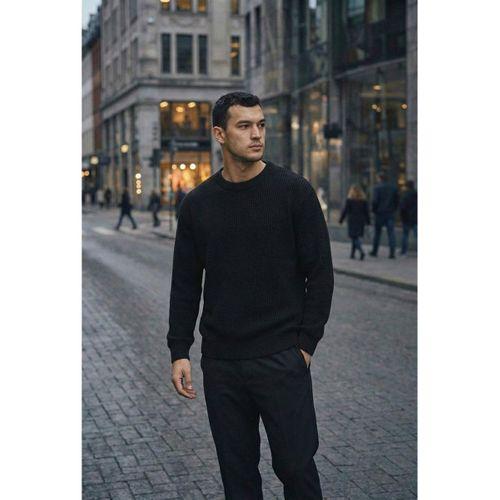 Pilar Oversize Selanik Örgülü Bisiklet Yaka Erkek Triko Kazak - Siyah