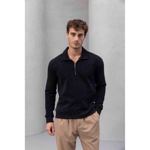 Eric Relax Fit Yarım Fermuarlı Polo Yaka Selanik Kumaş Erkek Sweatshirt - Siyah
