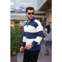 Düğmeli Polo Yaka Yarım Oversize Çizgili Triko Kazak - Lacivert