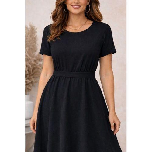 Kadın Kısa Kollu Yuvarlak Yaka Arkadan Düğmeli Viskon Midi Elbise