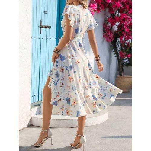 Kadın Kısa Kelebek Kollu Kruvaze Yakalı Belden Kuşaklı Midi Süprem Elbise