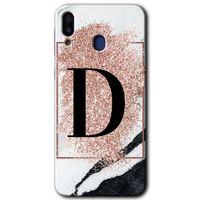 Samsung Galaxy M20 HD Baskılı Kılıf + 9D Tam Ekran Koruyucu - Pembe Mermer Desenli D Harfi