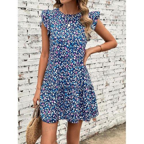 Lucky Life Kadın Kısa Kollu Bisiklet Yaka Etek Ucu Volanlı Kısa Dokuma Elbise