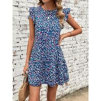 Lucky Life Kadın Kısa Kollu Bisiklet Yaka Etek Ucu Volanlı Kısa Dokuma Elbise