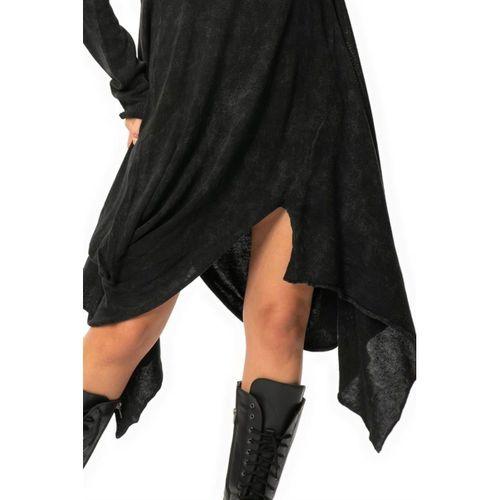 Uzun Kol Handan Asimetrik Kesim Sonbahar ve Kışlık Dökümlü Midi Boy Triko Elbise Füme Fm