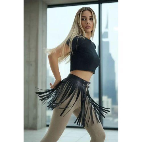 Siyah Etek Suni Deri Etek Püsküllü Mini Etek Boy - Brf1400