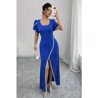 Kadın Kısa Kollu Kare Yakalı önden çapraz Kesim Detaylı Krep Elbise