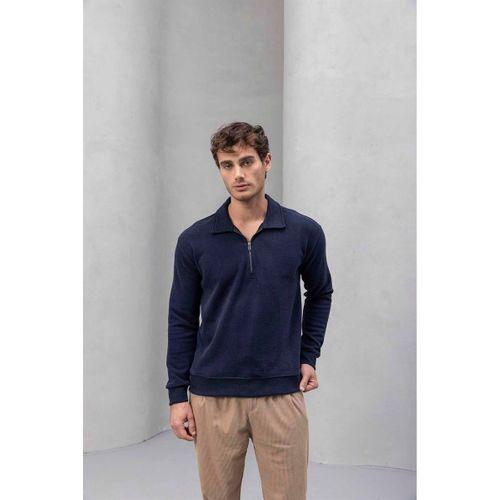 Eric Relax Fit Yarım Fermuarlı Polo Yaka Selanik Kumaş Erkek Sweatshirt - Lacivert