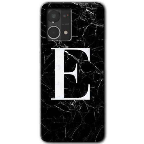 Oppo Reno 7 4G Kılıf HD Desen Baskılı Arka Kapak - Siyah Mermer Desenli E Harfi + Kırılmaz Cam