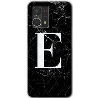 Oppo Reno 7 4G Kılıf HD Desen Baskılı Arka Kapak - Siyah Mermer Desenli E Harfi + Kırılmaz Cam