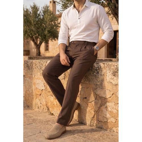 Forner Regular Fit Beli Lastikli Kemer Detaylı Erkek Kumaş Pantolon - Kahve