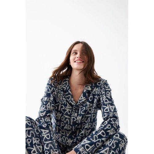 Kadın Lacivert “paris” Yazı Desenli Düğmeli Pamuklu Pijama Takımı