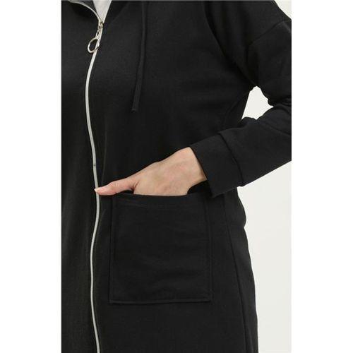 Kapşonlu Fermuarlı Yırtmaçlı Uzun Sweat Pantolon Spor İkili Takım - 03055.003 - Siyah