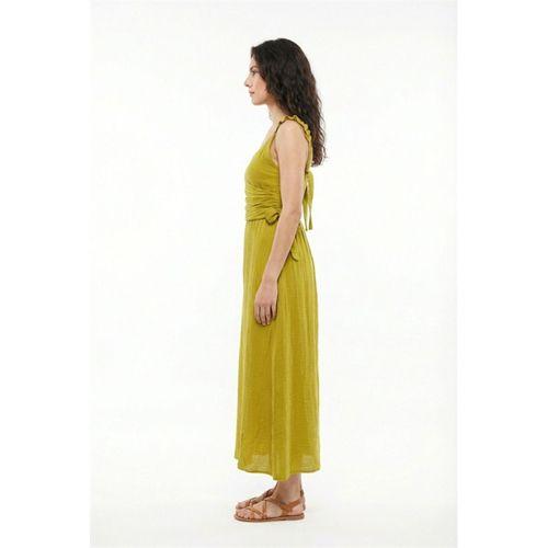 Lady Ayarlanabilir Omuz Askılı V Yaka Uzun Müslin Elbise Yağ Yeşili Ygysl