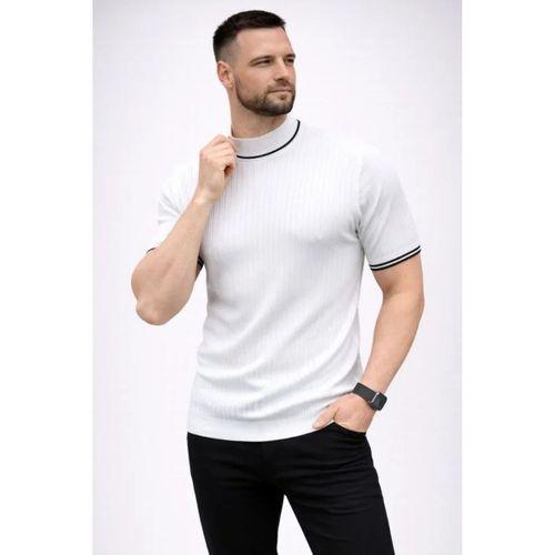 Erkek Fitilli Triko Dokuma Kısa Kol Tişört Yarım Boğaz Modern Yazlık T-Shirt - Beyaz