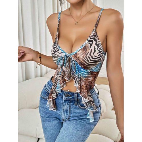 Kadın Siyah Leopar Desenli Crop Askılı Önden Bağlama Fırfır Detaylı 5091