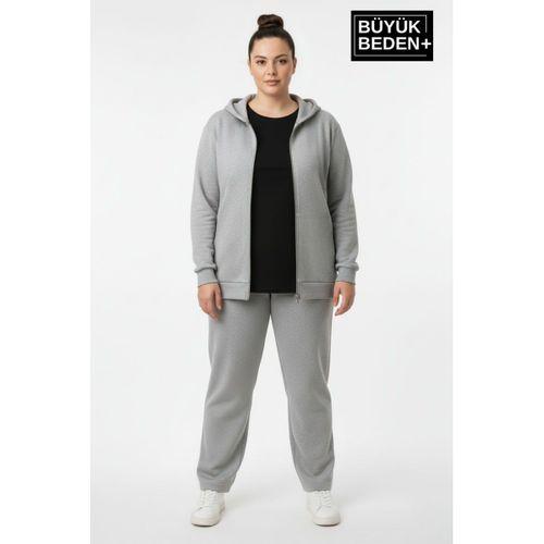 Kadın Büyük Beden Fermuarlı Kapüşonlu Sweatshirt Hırka - Rahat Kalıp SPR26BHR960