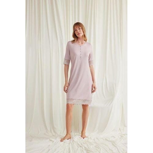 Dantel Detaylı Kısa Kollu Ve Önü Düğmeli Gecelik