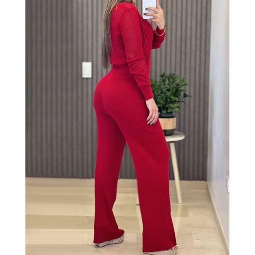 Kadın Uzun Kollu Yuvarlak Yaka Transparan Detaylı Triko Bluz Ve Pantolon Ikili Takım